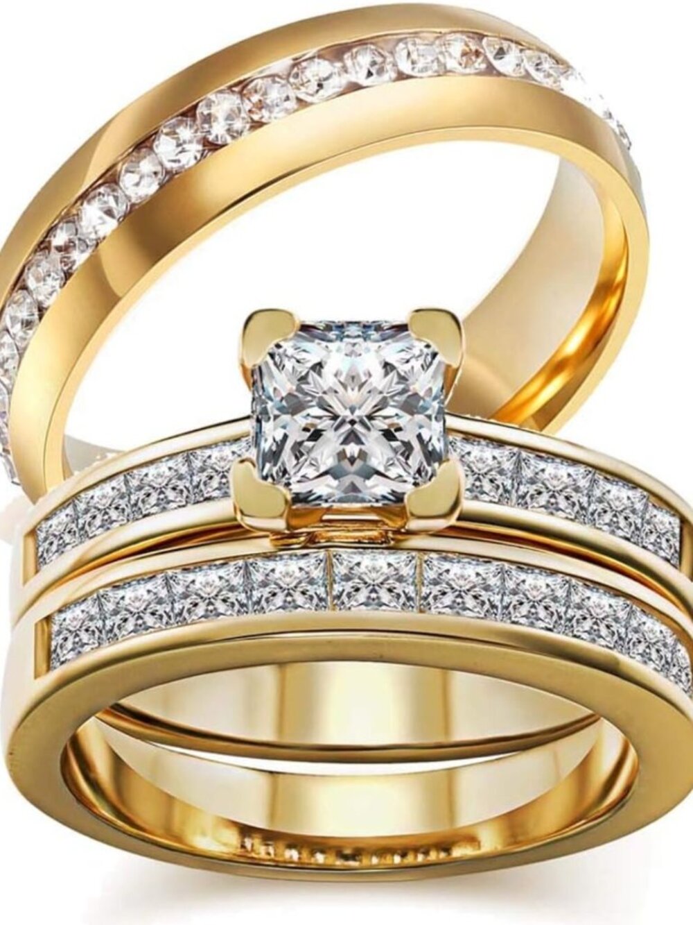 Stylish His & Hers Wedding Ring Set - Black Gold & White CZ Engagement Rings